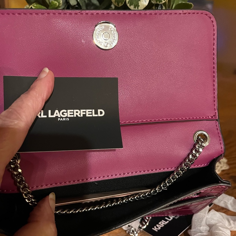Karl Lagerfeld Magenta Croc-Embossed Chain Clutch - Picture 4 of 4